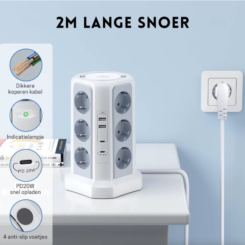 Listwa Zasilająca XT-G3211 4000W 16A z Ochroną Przeciwprzepięciową, Gniazda EU USB, Nocna Lampka, Multi-gniazdko, Przedłużacz do Domu/Biura