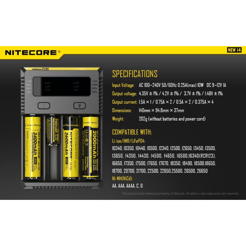 Nitecore New I4 ładowarka Li-ion inteligentna kompatybilność NiMH wydajne ładowanie długowieczność bezpieczeństwo