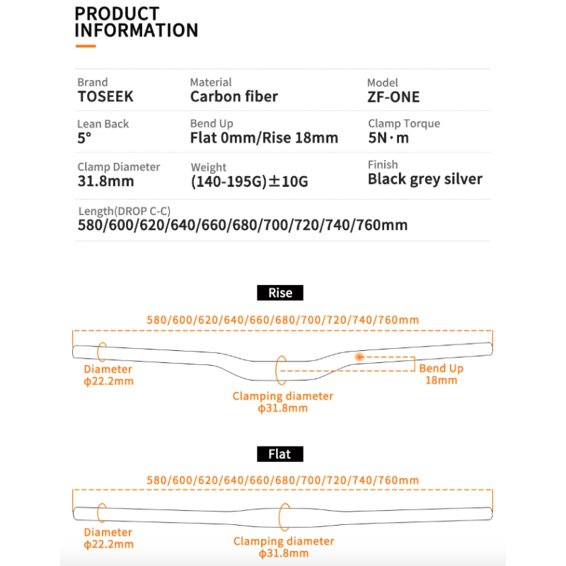 Kierownica rowerowa TOSEEK ZF-ONE MTB 31.8mm 760mm karbonowa lekka matowa czarna najwyższa jakość akcesoria