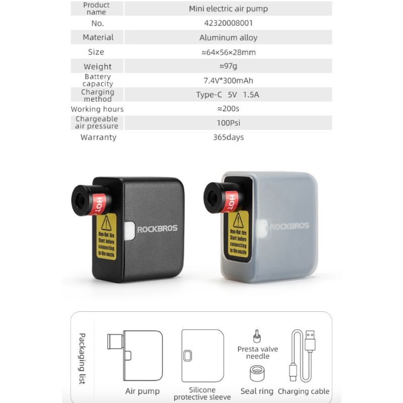Mini pompka elektryczna ROCKBROS kompaktowy rozmiar wydajność pompki do rowera i opona motocyklowa 100PSI