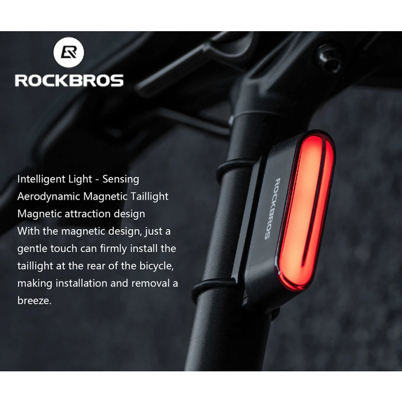 ROCKBROS Magnetyczna Lampka Rowerowa IPX6 Wodoodporna, Smart Sensor, 7 Trybów, Nocne Ostrzegawcze Światło Tylne LED