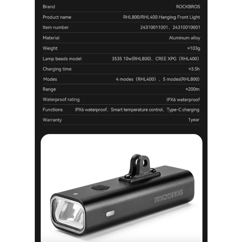 Lampka rowerowa ROCKBROS RHL-1000LUMEN oświetlenie rowerowe 1000 lumenów Type-C ładowanie reflektor LED