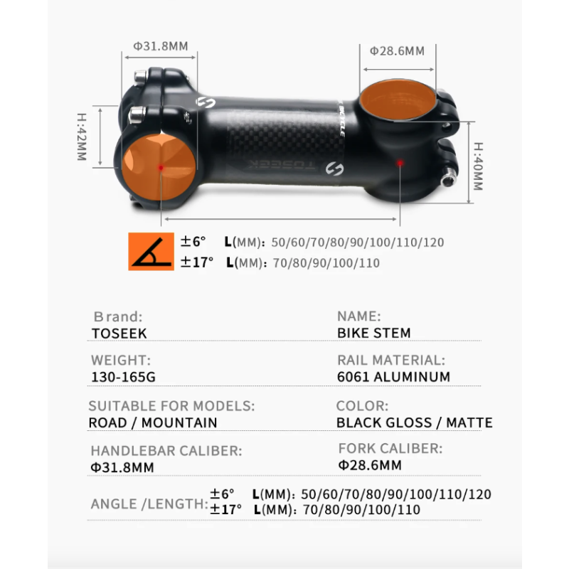TOSEEK Wspornik Kierownicy MTB z Regulowanym Kątem Lekki Aluminium i Włókno Węglowe 28.6mm 31.8mm Czarny Mat