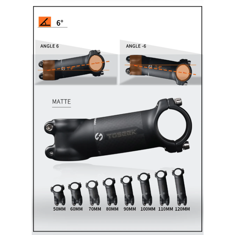 TOSEEK Wspornik Kierownicy MTB z Regulowanym Kątem Lekki Aluminium i Włókno Węglowe 28.6mm 31.8mm Czarny Mat