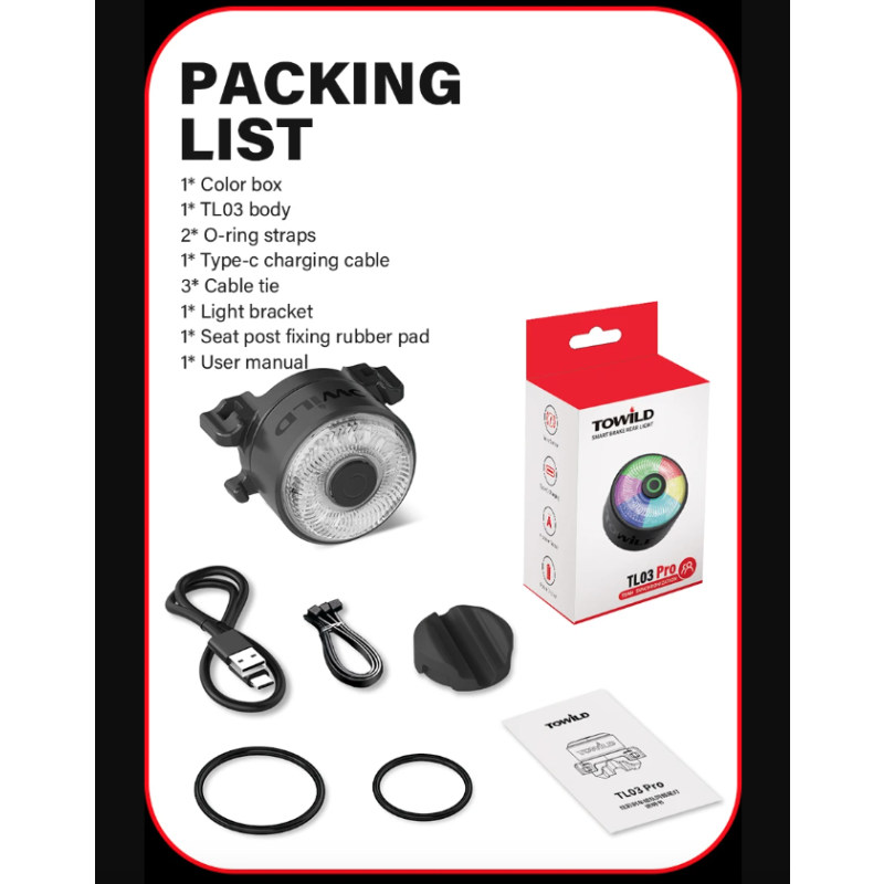 TOWILD TL03Pro akumulatorowa lampka tylna z inteligentnym czujnikiem hamulca oświetlenie rowerowe LED