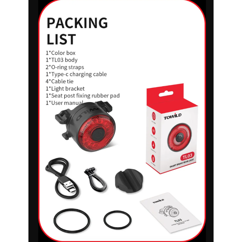 TOWILD TL03 inteligentna lampka rowerowa LED z czujnikiem hamowania i pięć trybów błysku dla bezpieczeństwa