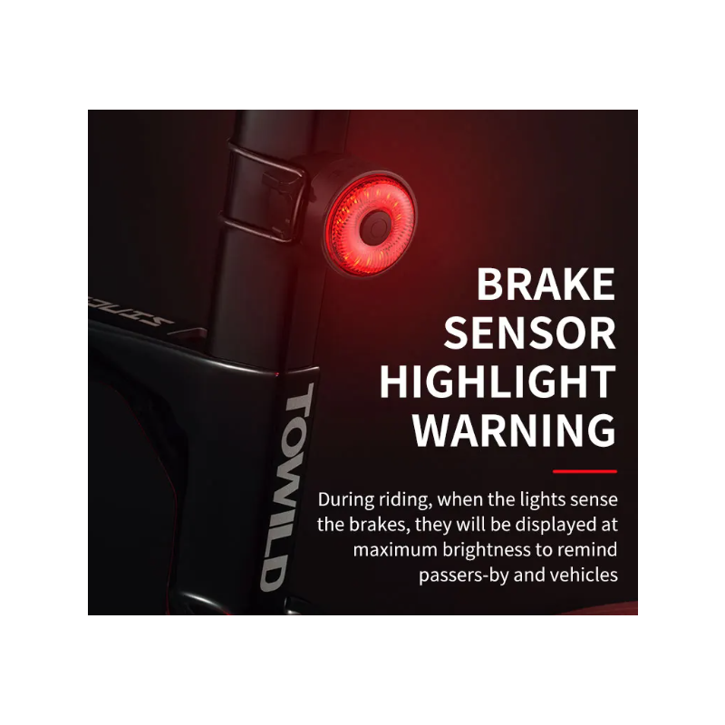 TOWILD TL03 inteligentna lampka rowerowa LED z czujnikiem hamowania i pięć trybów błysku dla bezpieczeństwa