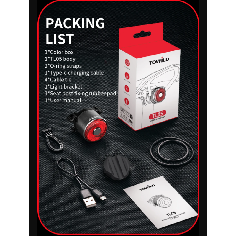 TOWILD TL05 tylne światło rowerowe inteligentne wykrywanie hamulców IPX6 wodoodporne bezpieczeństwo rowerzysty
