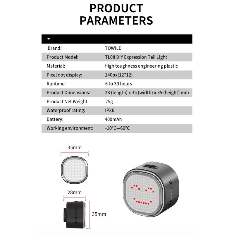 TOWILD TL08 Lampka Rowerowa Tylna Pełnokolorowa, USB-C, Światło Hamowania, Spersonalizowana Aplikacją, Wodoodporna IPX6