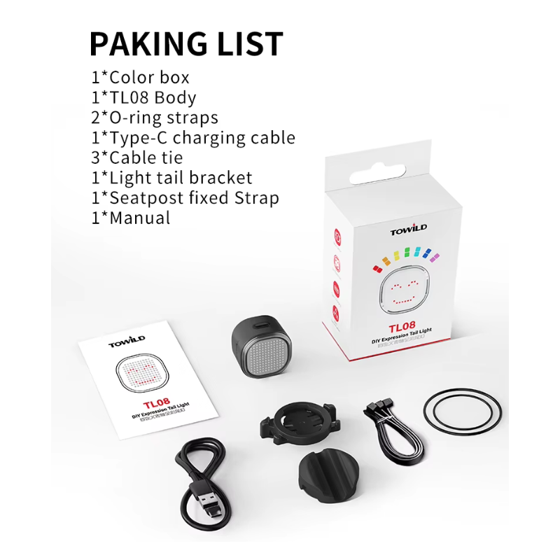 TOWILD TL08 Lampka Rowerowa Tylna Pełnokolorowa, USB-C, Światło Hamowania, Spersonalizowana Aplikacją, Wodoodporna IPX6