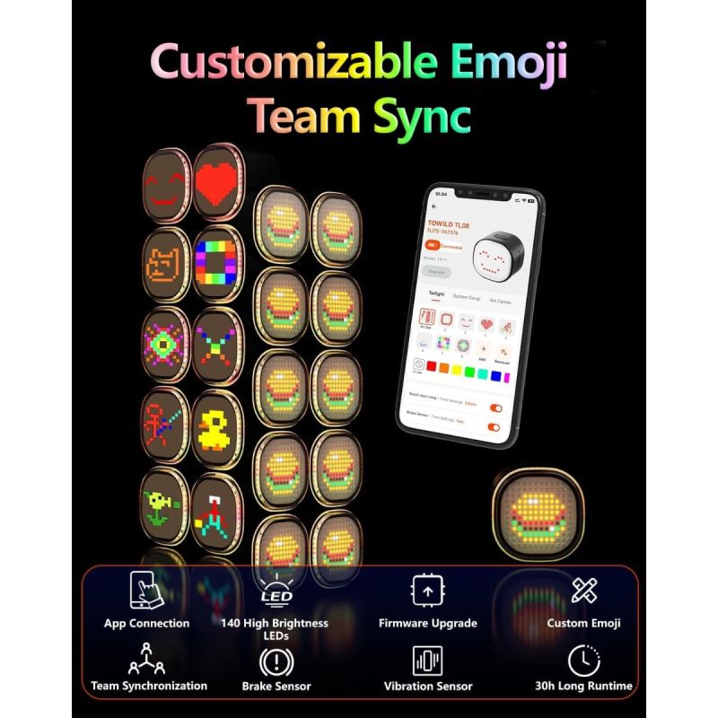 TOWILD TL08 Lampka Rowerowa Tylna Pełnokolorowa, USB-C, Światło Hamowania, Spersonalizowana Aplikacją, Wodoodporna IPX6