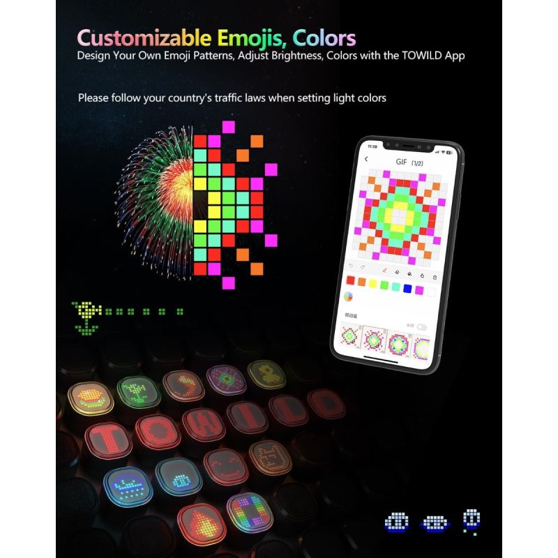 TOWILD TL08 Lampka Rowerowa Tylna Pełnokolorowa, USB-C, Światło Hamowania, Spersonalizowana Aplikacją, Wodoodporna IPX6