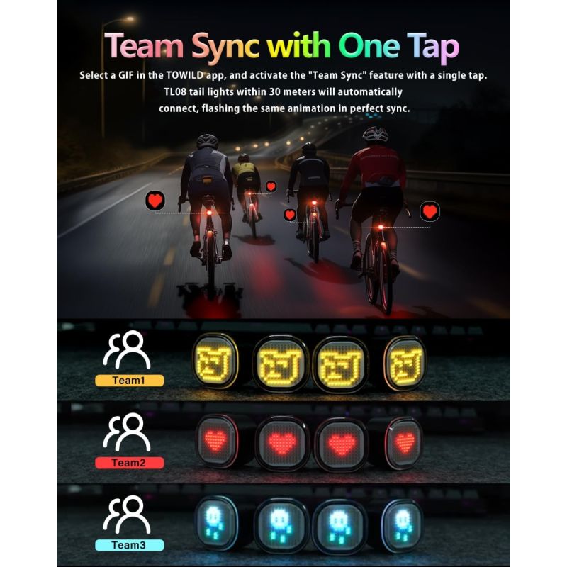 TOWILD TL08 Lampka Rowerowa Tylna Pełnokolorowa, USB-C, Światło Hamowania, Spersonalizowana Aplikacją, Wodoodporna IPX6