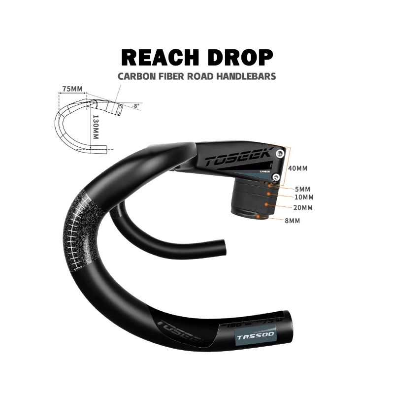 Kierownica rowerowa TOSEEK TR5500 z pełnego włókna węglowego ultralekka matowe czarne wykończenie aerodynamika