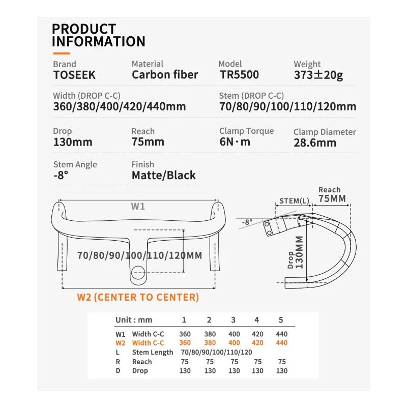 Kierownica rowerowa TOSEEK TR5500 z pełnego włókna węglowego ultralekka matowe czarne wykończenie aerodynamika