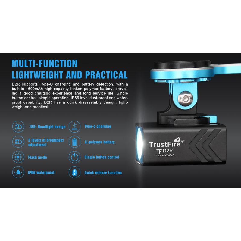TrustFire D2R lampa rowerowa przednia 450 lumenów wodoodporność IP66 ładowanie typu C lekka konstrukcja