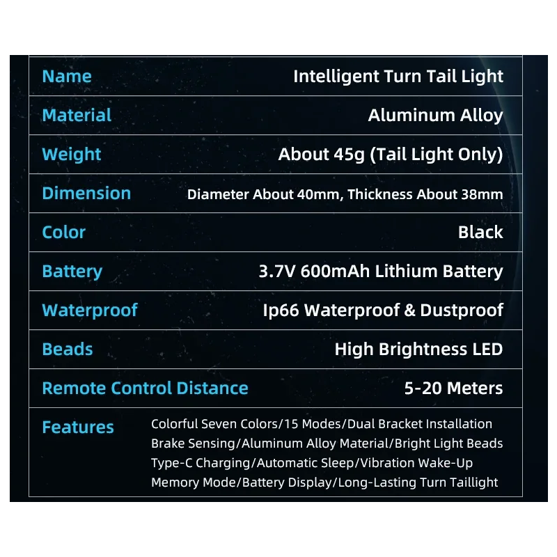 Wszechstronne tylne światło roweru z inteligentnym światłem hamowania i bezprzewodowym zdalnym sterowaniem LED