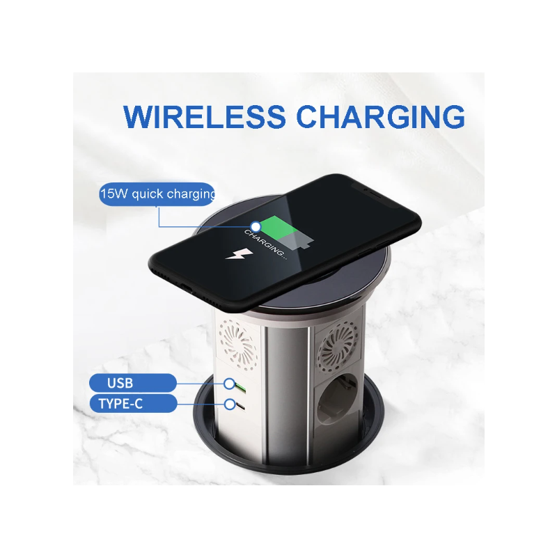 Elektryczne Gniazda Podnoszące VENSTPOW Ukryty Blat Zmotoryzowany Gniazdo Standard UE Ładowanie Bezprzewodowe