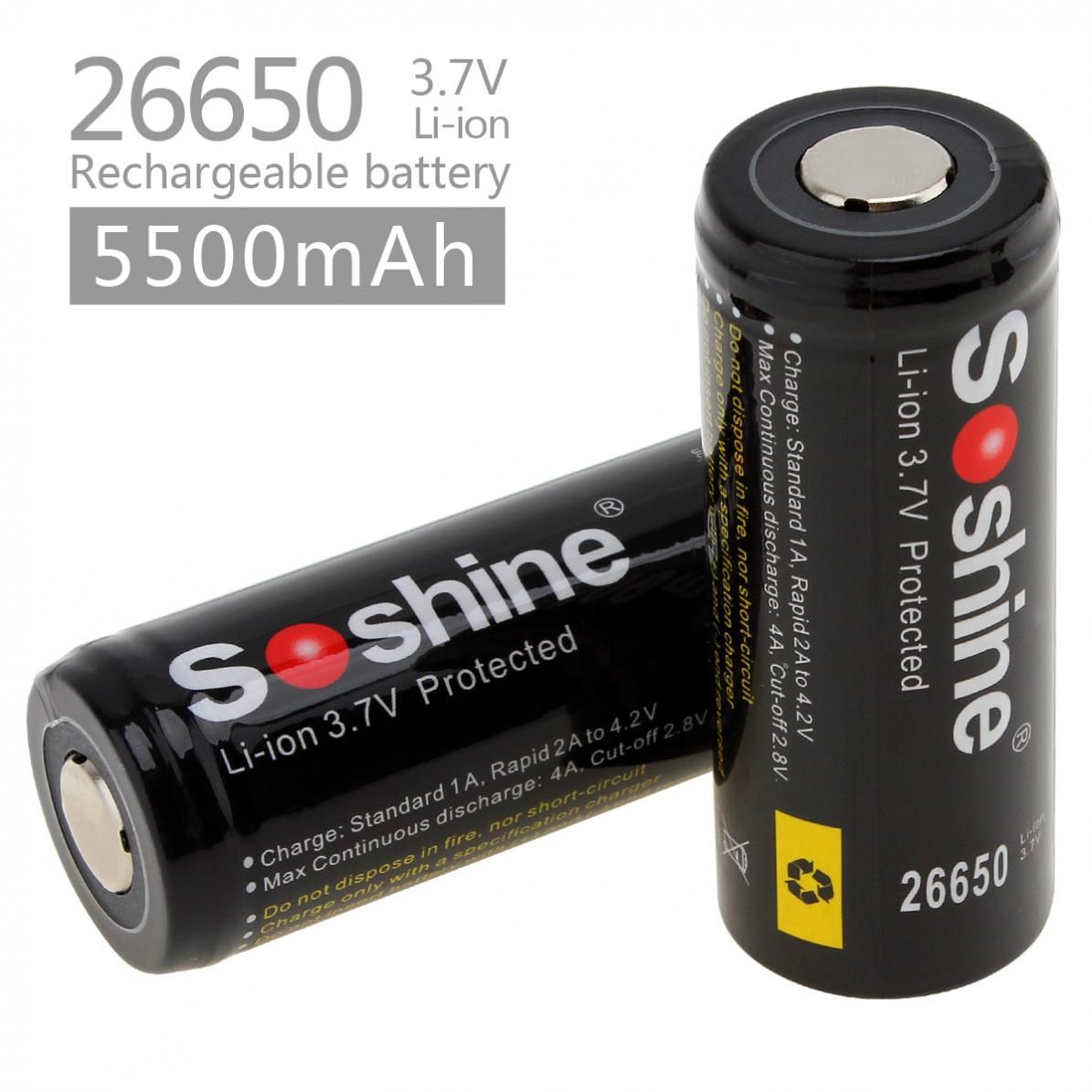 Soshine 26650 5500mAh Akumulatory litowo-jonowe Zestaw 2 sztuk do latarek, elektronarzędzi, długotrwałe użytkowanie