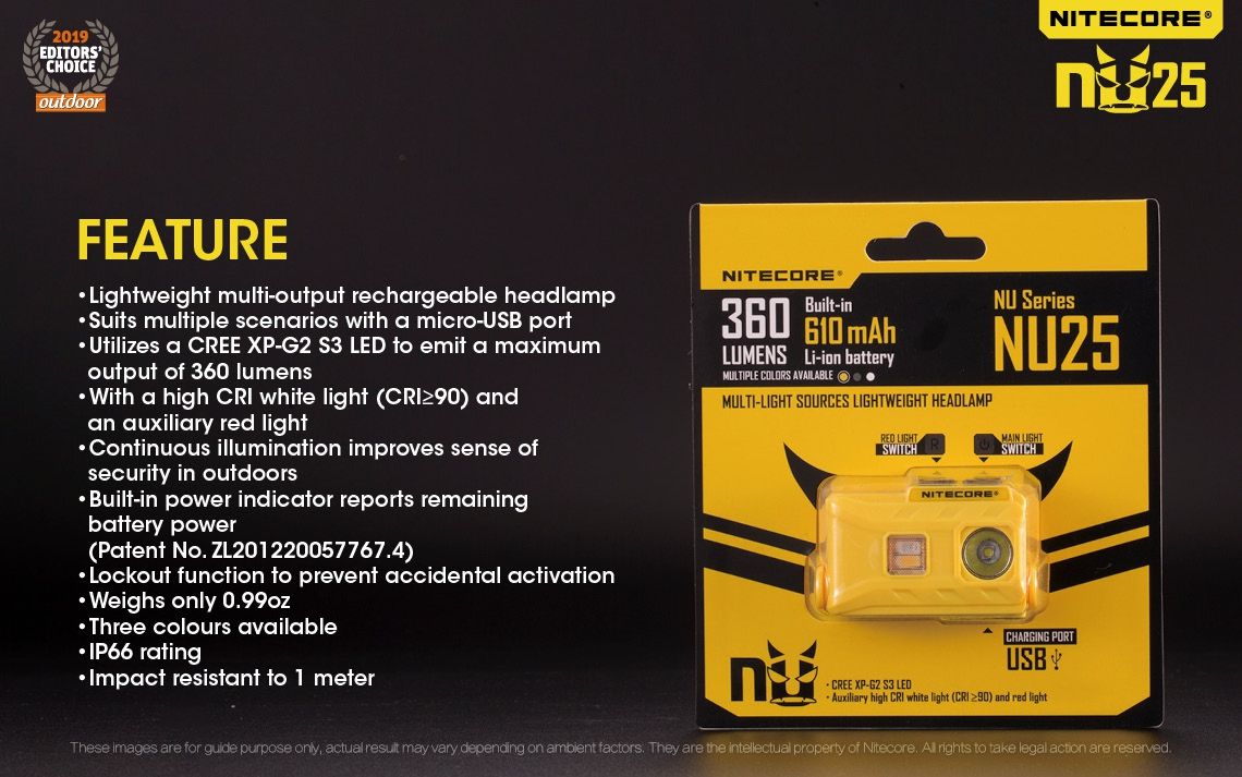 Nitecore NU25 XP-G2 S3 LED czołówka 360 lumenów ładowalna lekka lampka outdoorowa z akumulatorem USB