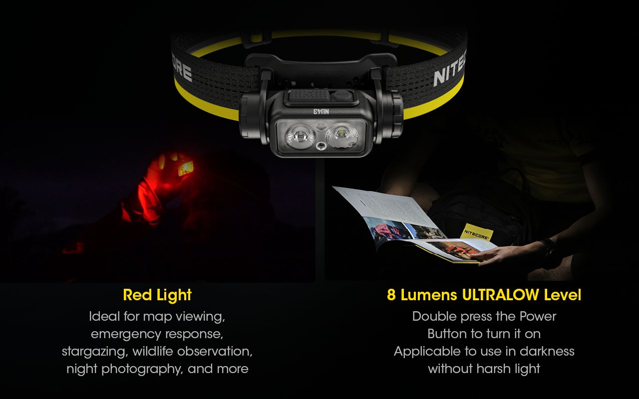 NITECORE NU43 latarka czołowa 1400 lumenów na kemping światło białe i czerwone długi czas działania baterii