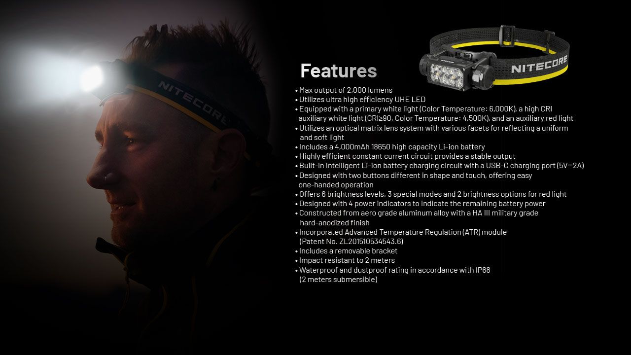 NITECORE HC65 UHE latarka czołowa 2000 lumenów ładowanie USB-C oświetlenie outdoorowe wspinaczka turystyka