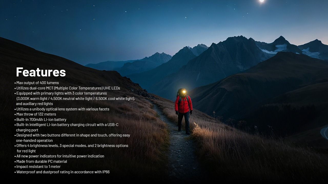 Lekka latarka czołowa NITECORE NU25 MCT 400 lumenów USB-C światło czerwone idealna do sprzętu kempingowego