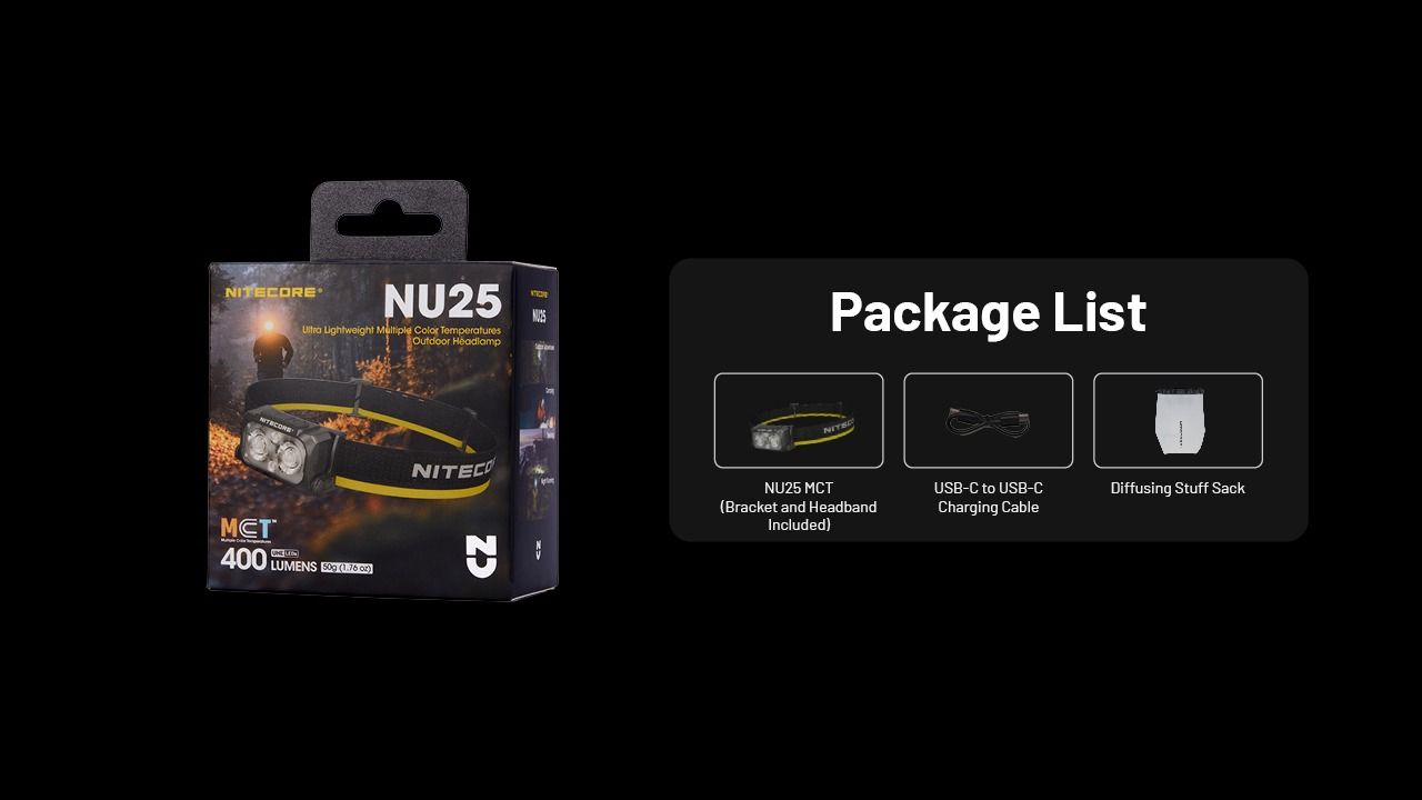 Lekka latarka czołowa NITECORE NU25 MCT 400 lumenów USB-C światło czerwone idealna do sprzętu kempingowego