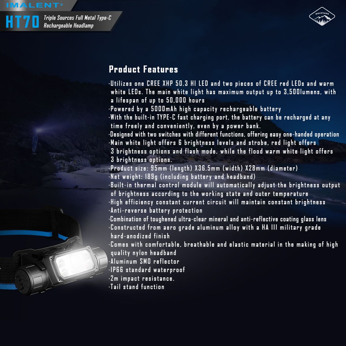 Latarka czołowa IMALENT HT70 3500 lumenów dioda LED XHP50.3 HI oświetlenie outdoorowe potrójne źródła światła