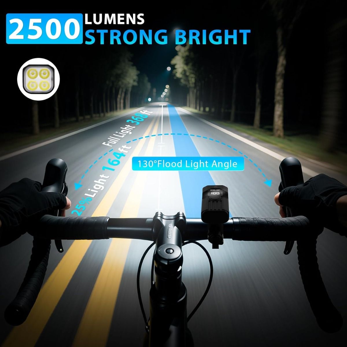 Lampka rowerowa USB-C 1200LM LED na przód MTB/Szosowa | Łatwy montaż, bezpieczna jazda nocą