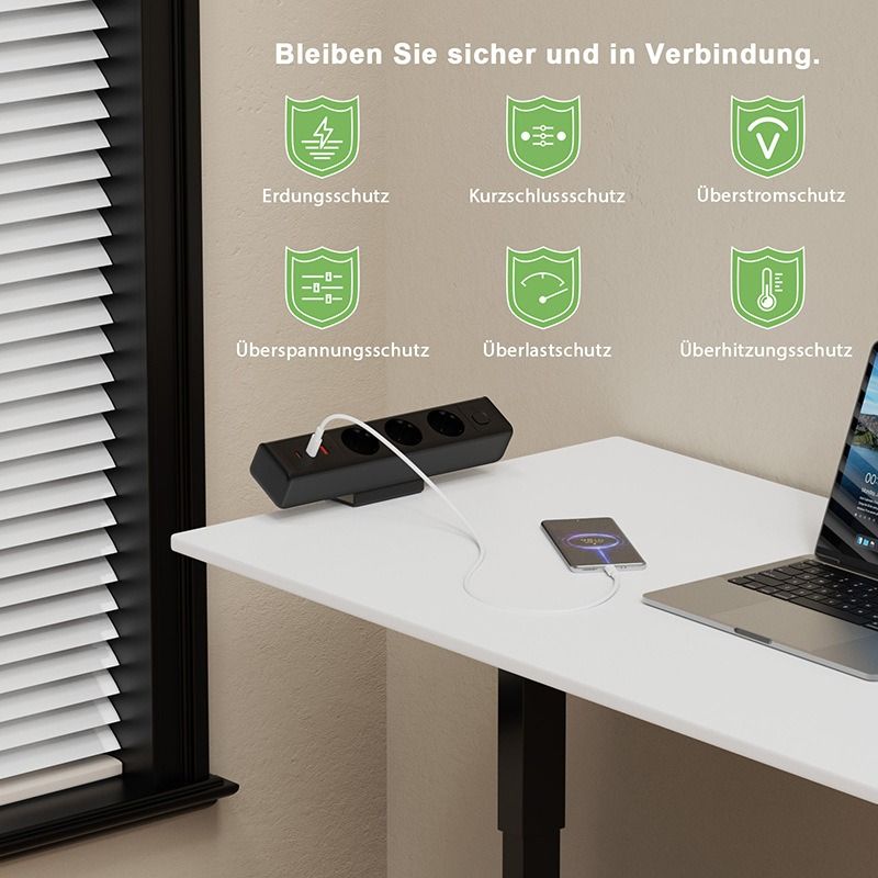 Listwa zasilająca biurkowa z USB-C/A 65W, 3 gniazda EU z ochroną, montaż bez wiercenia, organizacja kabli