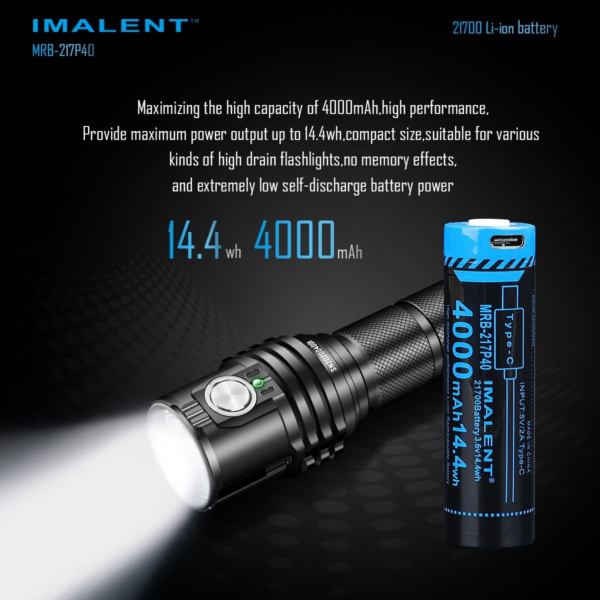 IMALENT MRB-217P40 Bateria 21700 4000mAh, ładowalna przez USB-C, wysoka pojemność, do latarek i gadżetów