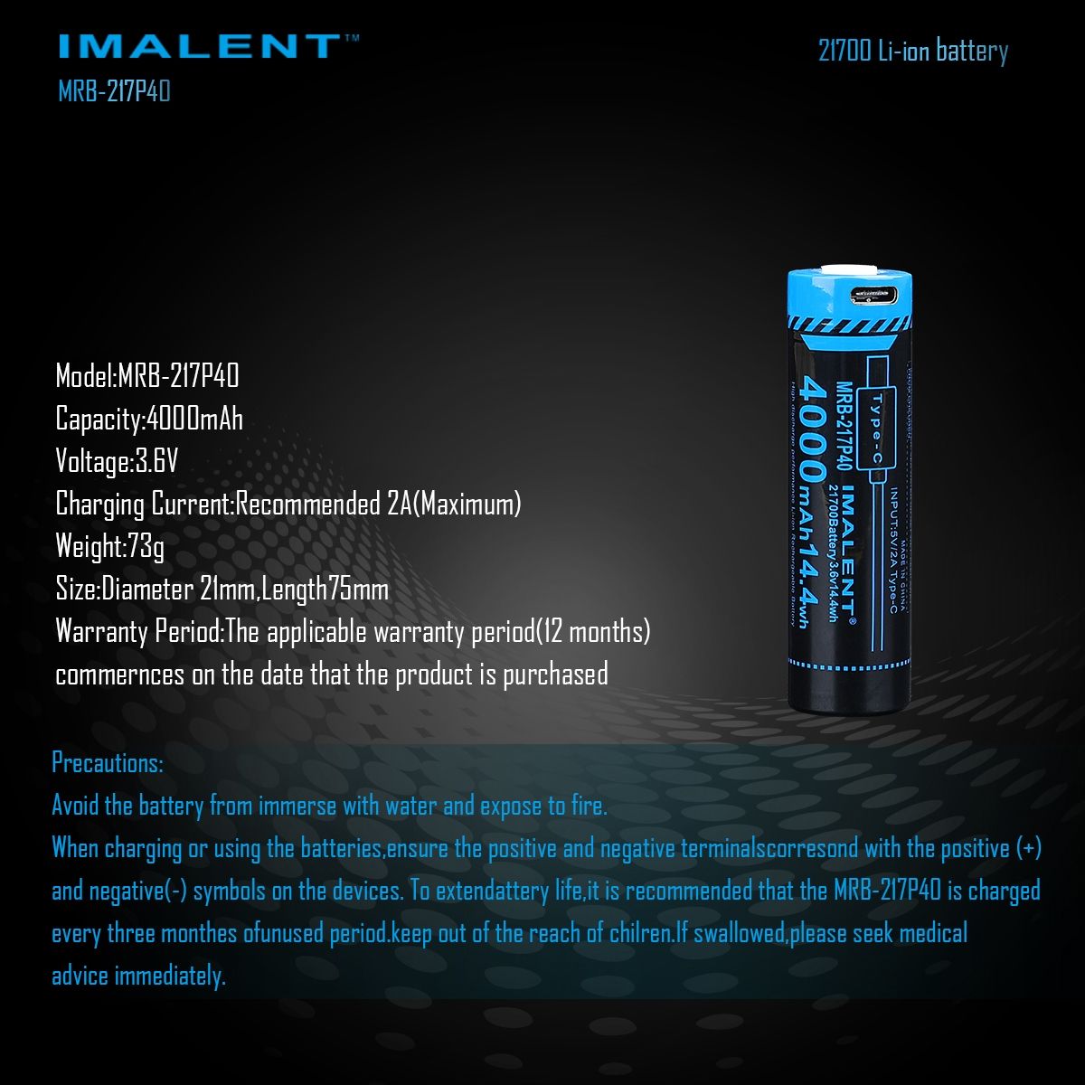 IMALENT MRB-217P40 Bateria 21700 4000mAh, ładowalna przez USB-C, wysoka pojemność, do latarek i gadżetów