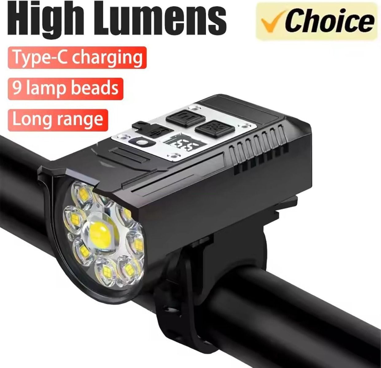 Przednia Lampka Rowerowa 9 LED, Ładowana USB-C, 20W - Wodoodporna dla Bezpiecznej Jazdy Nocą