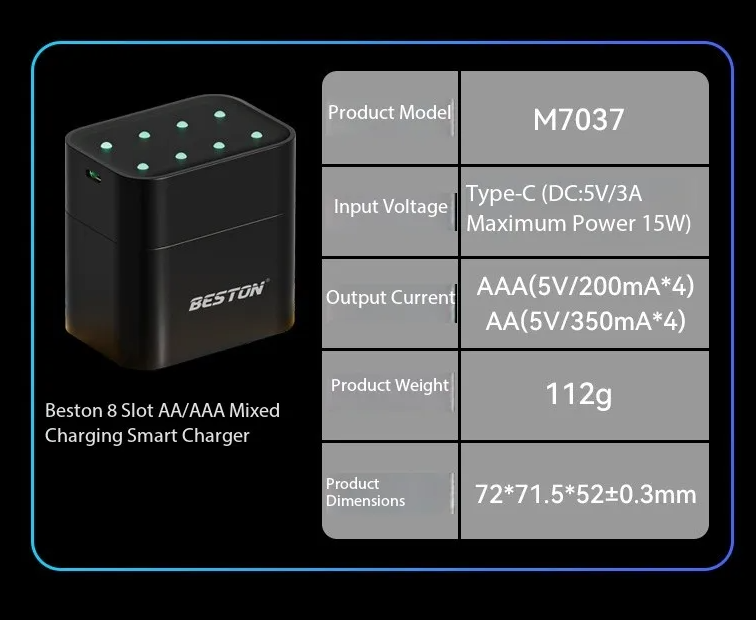 Beston Inteligentna Ładowarka 8 Slotów AA 1.5V Li-ion 3600mWh, Szybkie Ładowanie Zestawu Baterii.