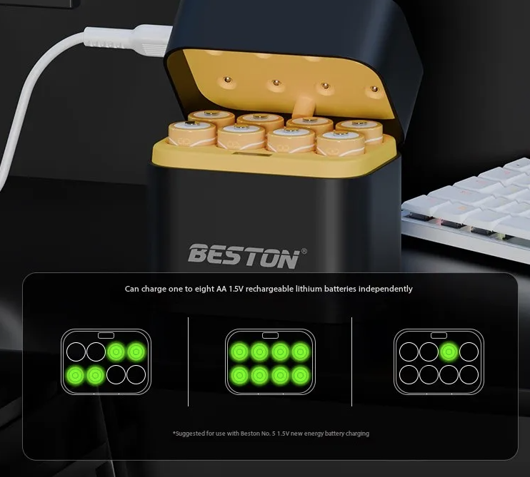 Beston Inteligentna Ładowarka 8 Slotów AA 1.5V Li-ion 3600mWh, Szybkie Ładowanie Zestawu Baterii.