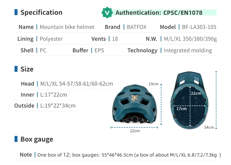 Kask rowerowy górski BATFOX, lekki, technologia In-Mold, regulowany rozmiar dla dorosłych i młodzieży