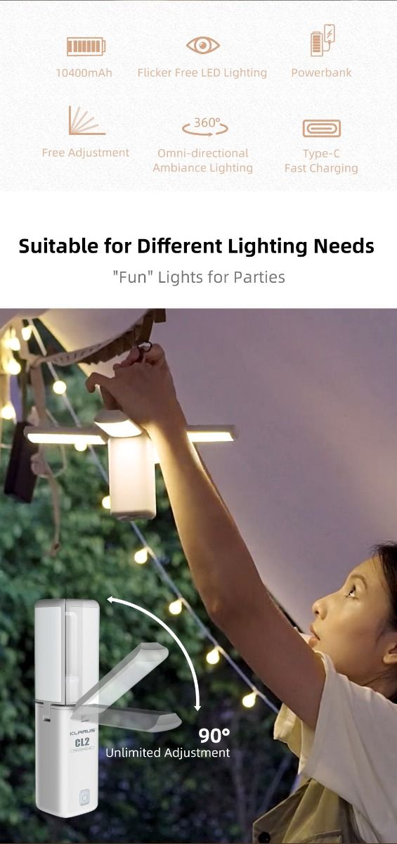 Klarus CL2 składane światło kempingowe 750 lumenów ochrona oczu 90-stopniowe żarówki 7 trybów światła