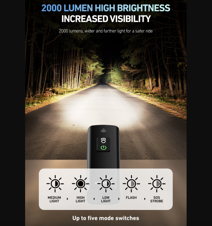 CYCLAMI BR2000 Mocna Lampka Rowerowa 2000lm USB-C Type-C. Idealna na MTB i Szosę. Bezpieczeństwo!
