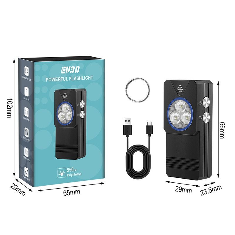 EV30 Mini latarka LED EDC, 550 lumenów, UV 365nm. Ładowana USB-C kompaktowa latarka kieszonkowa/brelok.