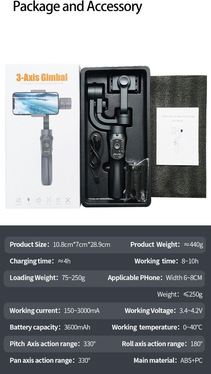 F10 Pro Stabilizator 3-osiowy Gimbal do telefonu do mobilnego filmowania z kompatybilnością ze smartfonami i rozpoznawaniem twarzy