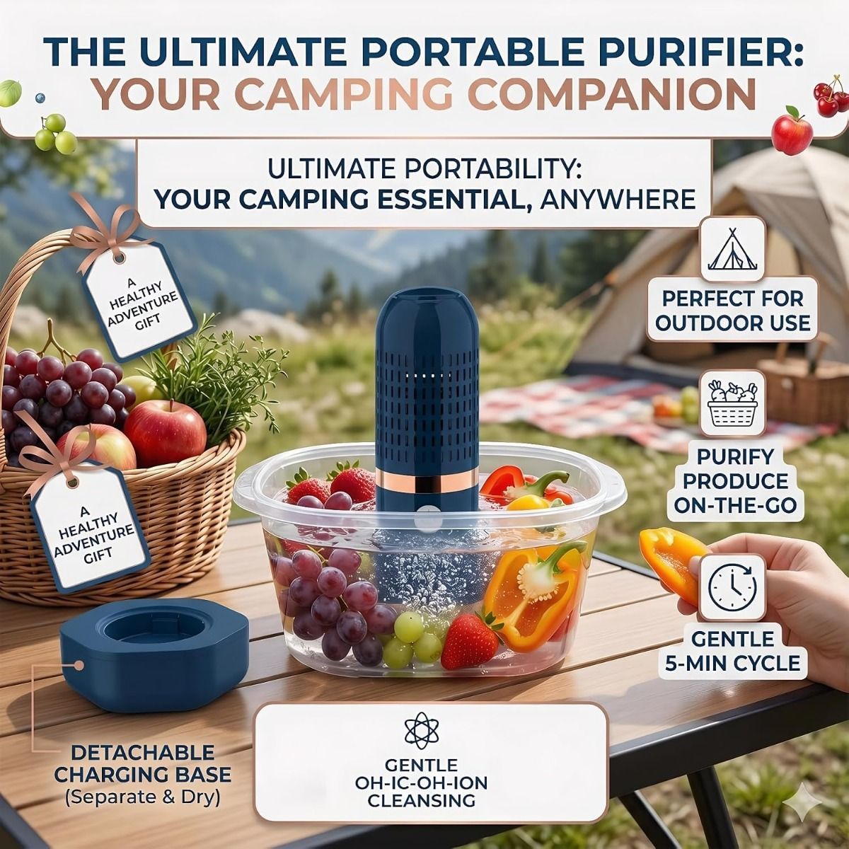 Wireless Rechargeable Food Washer for Produce, Grains, Meat, Seafood - OH-Ion, IPX7 Waterproof