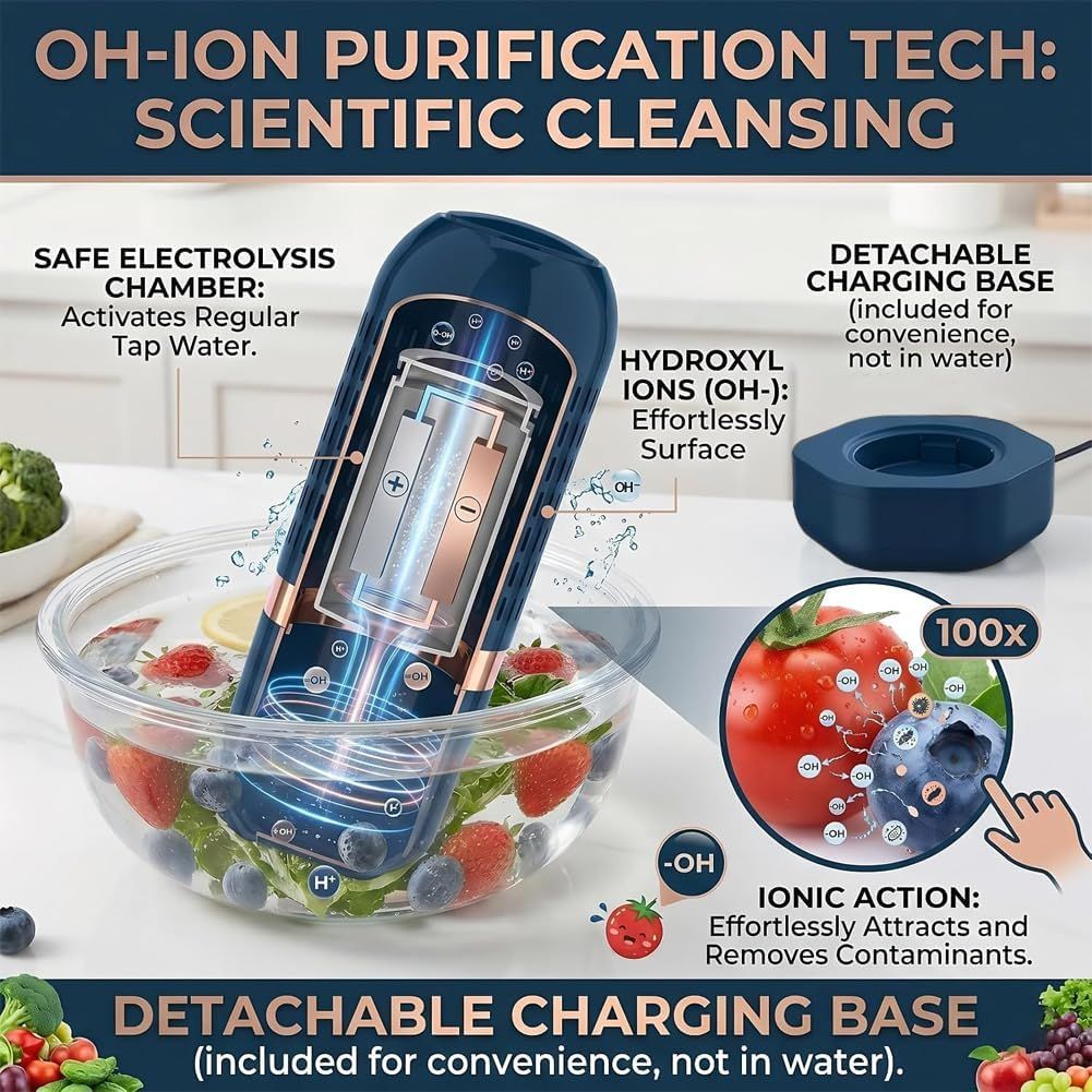 Wireless Rechargeable Food Washer for Produce, Grains, Meat, Seafood - OH-Ion, IPX7 Waterproof