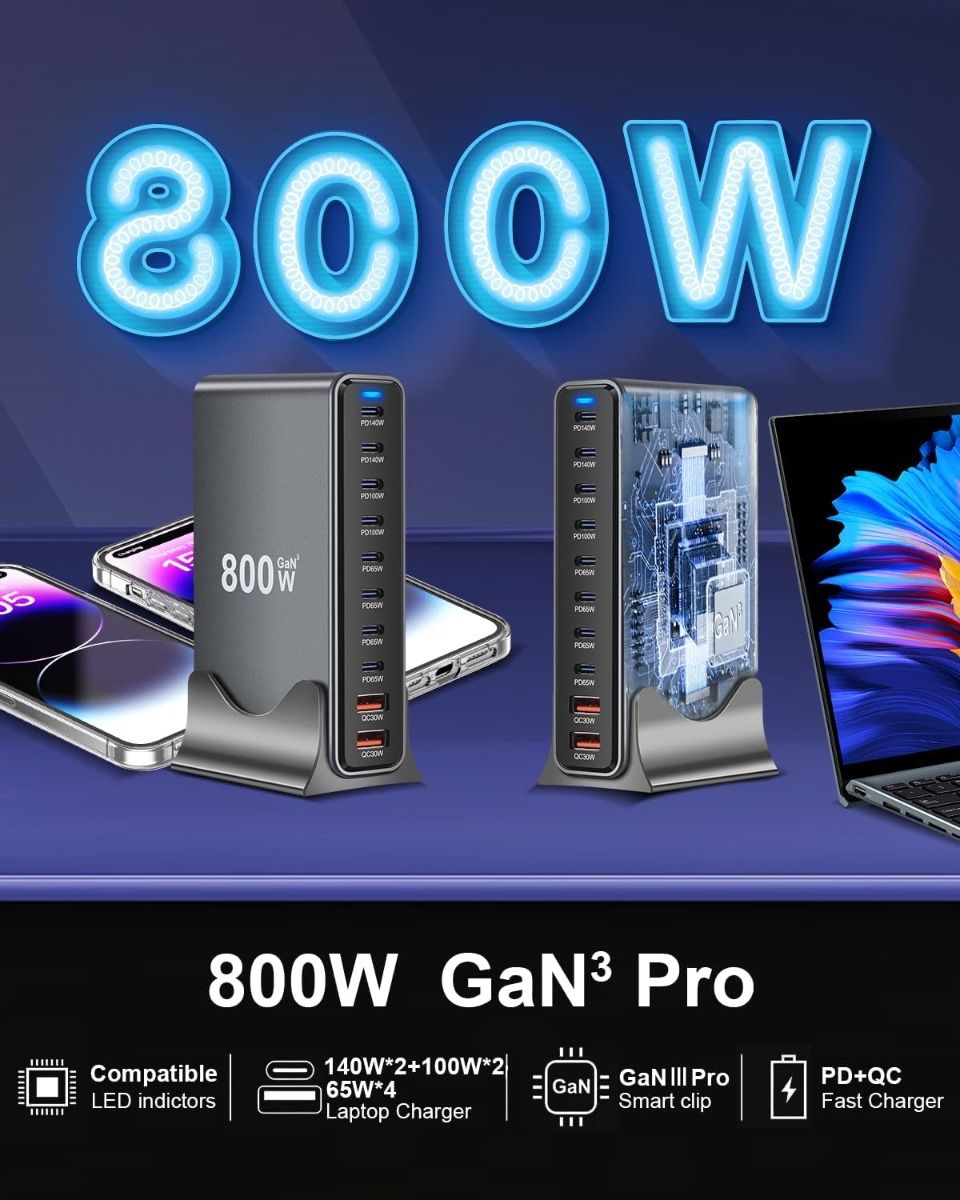 Ładowarka USB C 800W GaN III Pro 10 portów | Szybkie Ładowanie PD do MacBooka Pro, iPhone