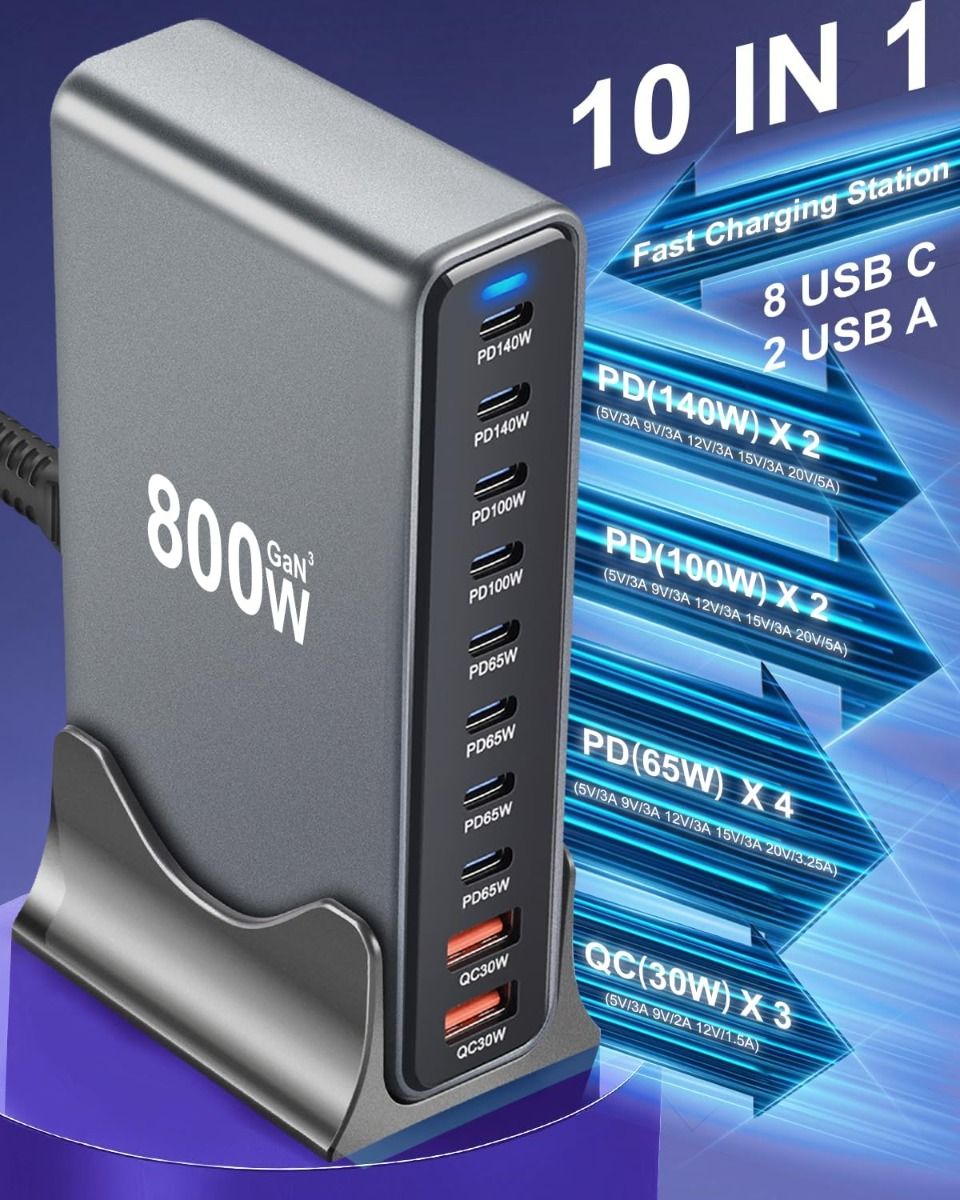 Ładowarka USB C 800W GaN III Pro 10 portów | Szybkie Ładowanie PD do MacBooka Pro, iPhone