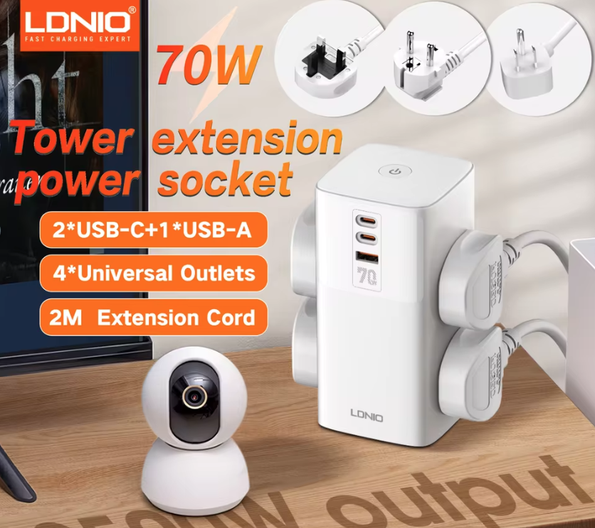 LDNIO Tower Cube Ładowarka 70W USB-C, Wielogniazdowa Listwa Zasilająca Ochrona Przepięciowa Uniw. Gniazda UK/US/EU