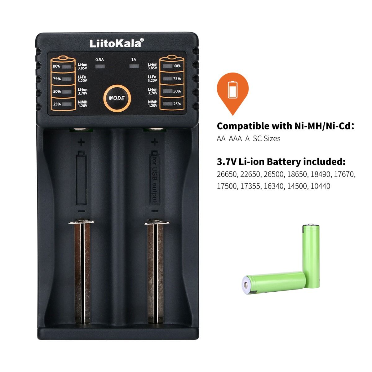 Ładowarka Liitokala Lii-202 3,7V z dwoma kanałami USB do akumulatorów 18650 26650 16340 21700 NiMH 14500
