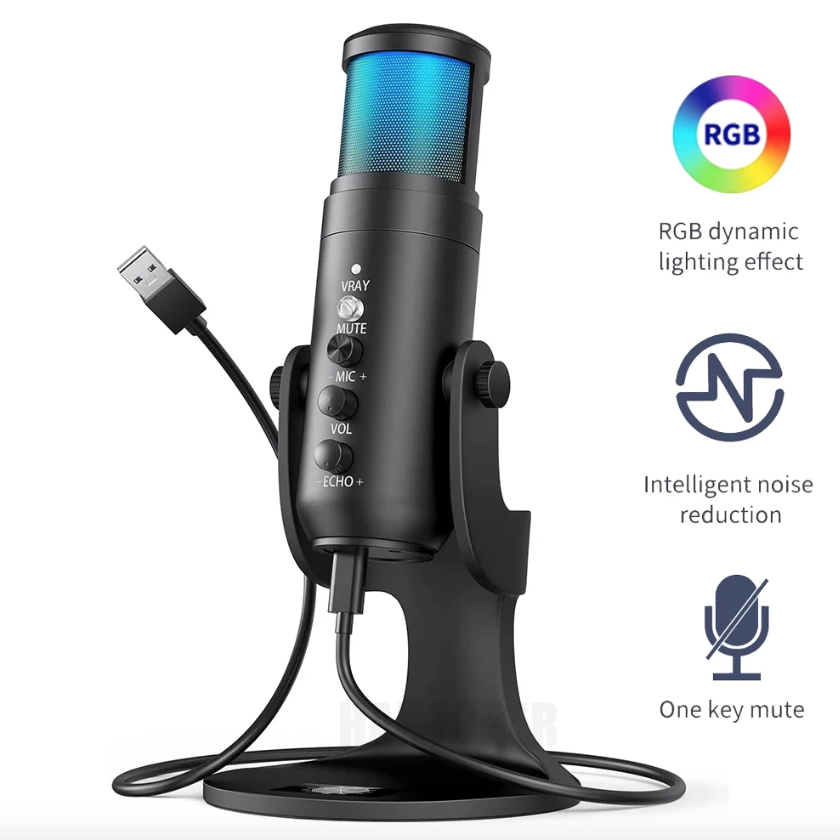 Mikrofon USB MU900PRO RGB do streamowania z dynamicznym oświetleniem RGB i kardioidalną charakterystyką kierunkową dla wysokiej jakości dźwięku.