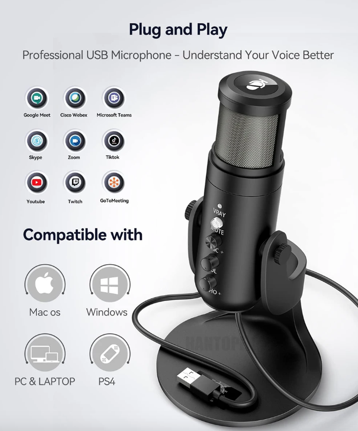 Mikrofon USB MU900PRO RGB do streamowania z dynamicznym oświetleniem RGB i kardioidalną charakterystyką kierunkową dla wysokiej jakości dźwięku.