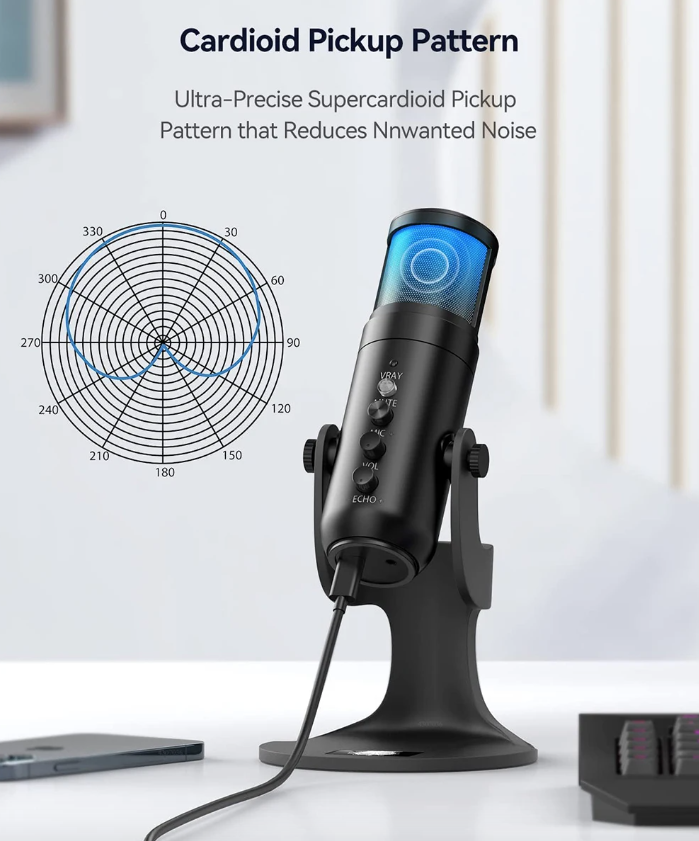 Mikrofon USB MU900PRO RGB do streamowania z dynamicznym oświetleniem RGB i kardioidalną charakterystyką kierunkową dla wysokiej jakości dźwięku.
